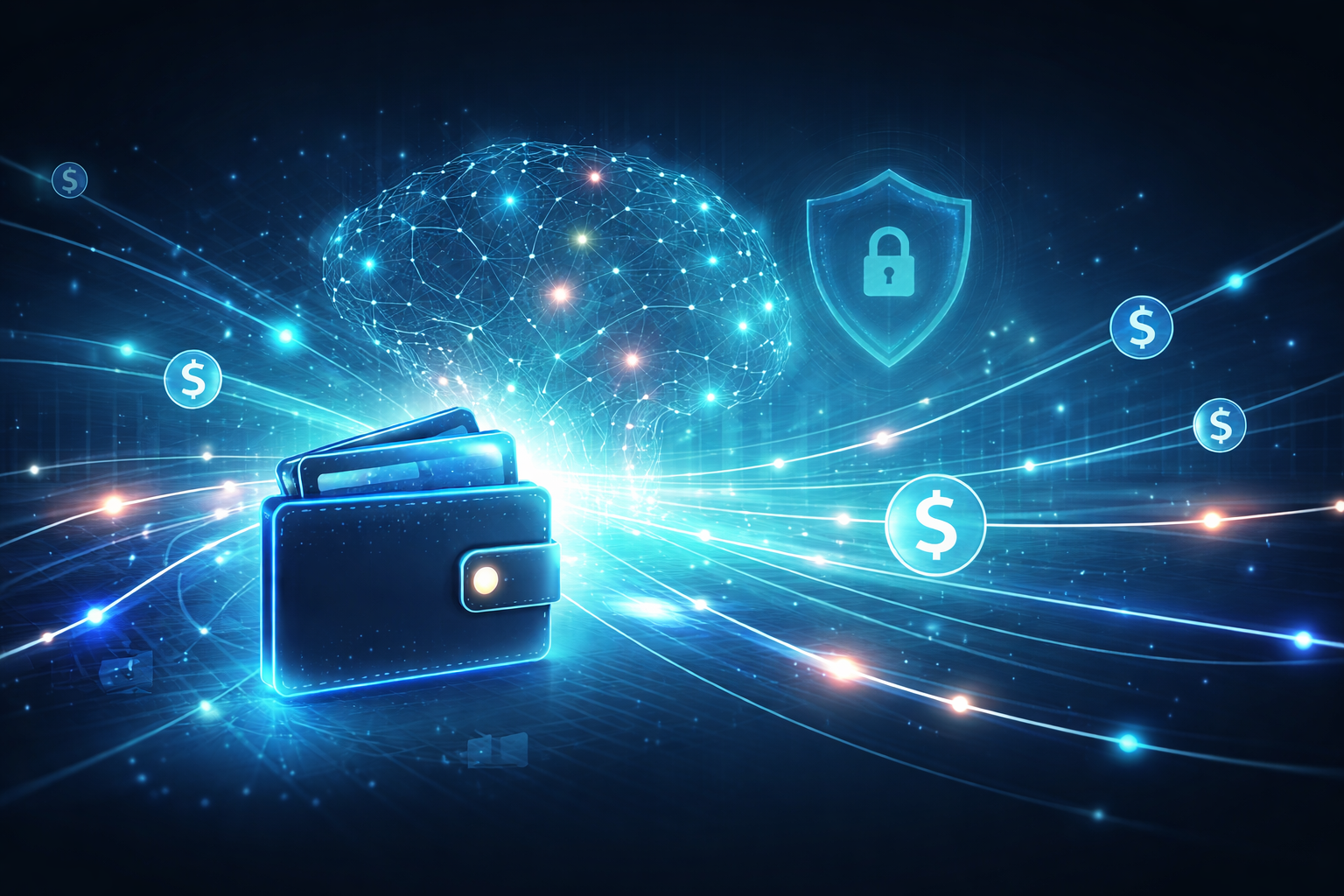 Illustration of secure digital payments: a wallet, network links, and a security shield.