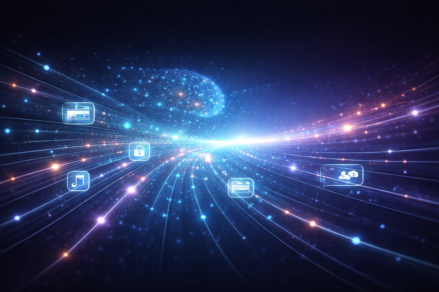 Abstract digital network with icons representing secure data and identity.